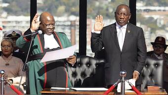Cyril Ramaphosa, is sworn in as South Africa's President by Chief Justice Raymond Zondo (L), at his inauguration at the Union Buildings in Tshwane, South Africa, on June 19, 2024. Source: AP.