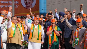 (File) Bharatiya Janata Party president JP Nadda with BJP national general secretary Daggubati Purandeswari and other party leaders raises slogans after hoisting the party flag on the occasion of BJP 'Sthapna Diwas' at BJP Central Office (Ext.) in New Delhi, on 6 April, 2023. PTI