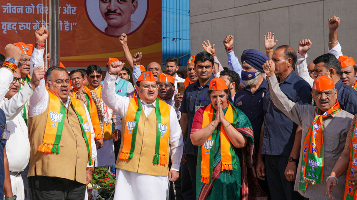 (File) Bharatiya Janata Party president JP Nadda with BJP national general secretary Daggubati Purandeswari and other party leaders raises slogans after hoisting the party flag on the occasion of BJP 'Sthapna Diwas' at BJP Central Office (Ext.) in New Delhi, on 6 April, 2023. PTI (File) Bharatiya Janata Party president JP Nadda with BJP national general secretary Daggubati Purandeswari and other party leaders raises slogans after hoisting the party flag on the occasion of BJP 'Sthapna Diwas' at BJP Central Office (Ext.) in New Delhi, on 6 April, 2023. PTI
