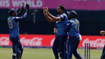 Sri Lanka all-rounder Dasun Shanaka celebrates with teammates after dismissing South Africa captain Aiden Markram. AP