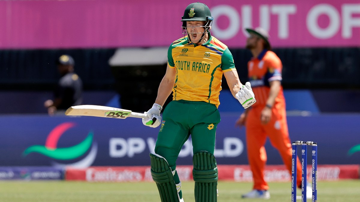 South Africa's David Miller celebrates after hitting the winning runs against Netherlands in their T20 World Cup match in New York on Saturday, 8 June. AP South Africa's David Miller celebrates after hitting the winning runs against Netherlands in their T20 World Cup match in New York on Saturday, 8 June. AP
