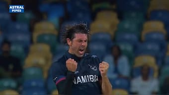 David Wiese celebrates after guiding Namibia to a Super Over win over Oman. Image: Hotstar