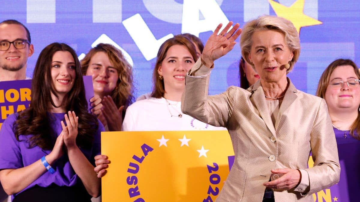 Lead candidate for the European Commission, current European Commission President Ursula von der Leyen speaks during an event at the European People's Party headquarters in Brussels, 9 June, 2024. AP
