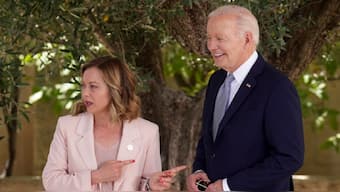 US president Joe Biden is welcomed by Italian PM Giorgia Meloni at the G7 world leaders summit at Borgo Egnazia, southern Italy. AP