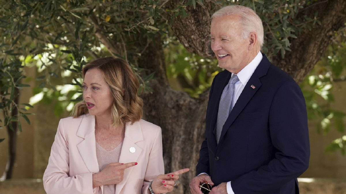 US president Joe Biden is welcomed by Italian PM Giorgia Meloni at the G7 world leaders summit at Borgo Egnazia, southern Italy. AP US president Joe Biden is welcomed by Italian PM Giorgia Meloni at the G7 world leaders summit at Borgo Egnazia, southern Italy. AP