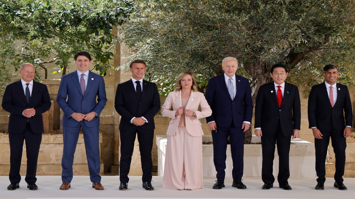 From left : German Chancellor Olaf Scholz, Canadian Prime Minister Justin Trudeau, French President Emmanuel Macron, Italy's Prime Minister Giorgia Meloni, US President Joe Biden, Japanese Prime Minister Fumio Kishida, British Prime Minister Rishi Sunak pose for a photo at Borgo Egnazia resort during the G7 Summit hosted by Italy in Apulia region, on 13 June, 2024 in Savelletri. AFP From left : German Chancellor Olaf Scholz, Canadian Prime Minister Justin Trudeau, French President Emmanuel Macron, Italy's Prime Minister Giorgia Meloni, US President Joe Biden, Japanese Prime Minister Fumio Kishida, British Prime Minister Rishi Sunak pose for a photo at Borgo Egnazia resort during the G7 Summit hosted by Italy in Apulia region, on 13 June, 2024 in Savelletri. AFP