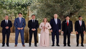 From left : German Chancellor Olaf Scholz, Canadian Prime Minister Justin Trudeau, French President Emmanuel Macron, Italy's Prime Minister Giorgia Meloni, US President Joe Biden, Japanese Prime Minister Fumio Kishida, British Prime Minister Rishi Sunak pose for a photo at Borgo Egnazia resort during the G7 Summit hosted by Italy in Apulia region, on 13 June, 2024 in Savelletri. AFP