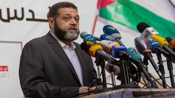 Senior Hamas official Osama Hamdan speaks during a rally organized by Lebanon's Hezbollah terror group to express solidarity with the Palestinian people, in the southern suburb of Beirut, on 17 May, 2021. AP File