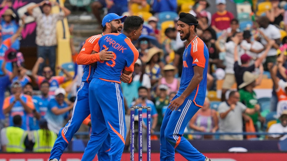 All-rounder Hardik Pandya celebrates with Virat Kohli and Arshdeep Singh after bowling India to a seven-run victory over South Africa in the final of the 2024 T20 World Cup with a heroic final over. AP All-rounder Hardik Pandya celebrates with Virat Kohli and Arshdeep Singh after bowling India to a seven-run victory over South Africa in the final of the 2024 T20 World Cup with a heroic final over. AP