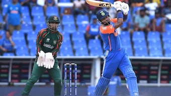 Hardik Pandya scored a 27-ball 50 as India posted 196/5 against Bangladesh in their T20 World Cup Super 8 match in Antigua. Image: X / @BCCI 