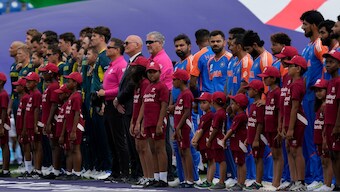 The Indian and Australian players sing their respective national anthems ahead of their T20 World Cup Super 8 clash in Gros Islet, St Lucia. AP
