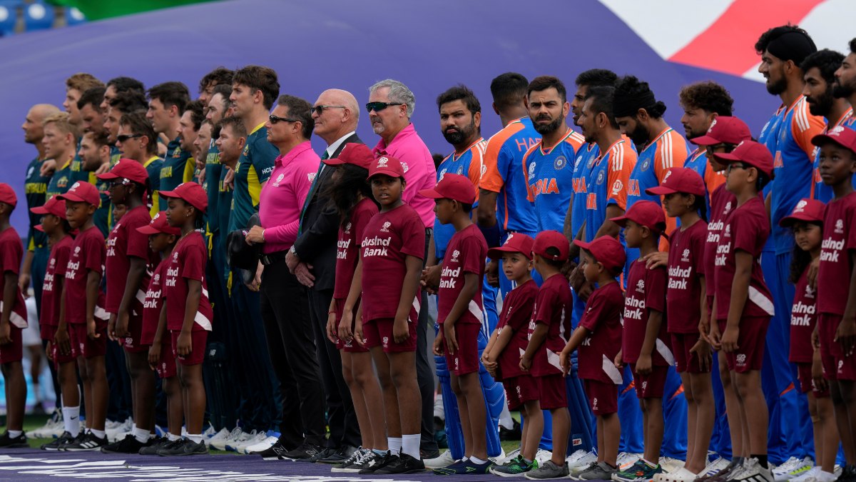 The Indian and Australian players sing their respective national anthems ahead of their T20 World Cup Super 8 clash in Gros Islet, St Lucia. AP The Indian and Australian players sing their respective national anthems ahead of their T20 World Cup Super 8 clash in Gros Islet, St Lucia. AP