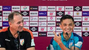 Indian national football team captain Sunil Chhetri and coach Igor Stimac during an interaction with the media prior to the FIFA World Cup 2026 qualification round two match vs Kuwait. PTI