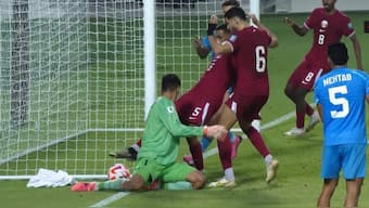 Despite the ball rolling out of play, the referee did not overturn Qatar's controversial goal against India. Image: Screenshot