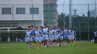 Indian football in practice ahead of crucial FIFA World Cup Qualifier against Kuwait in Kolkata. Image: X/Manas Muduli