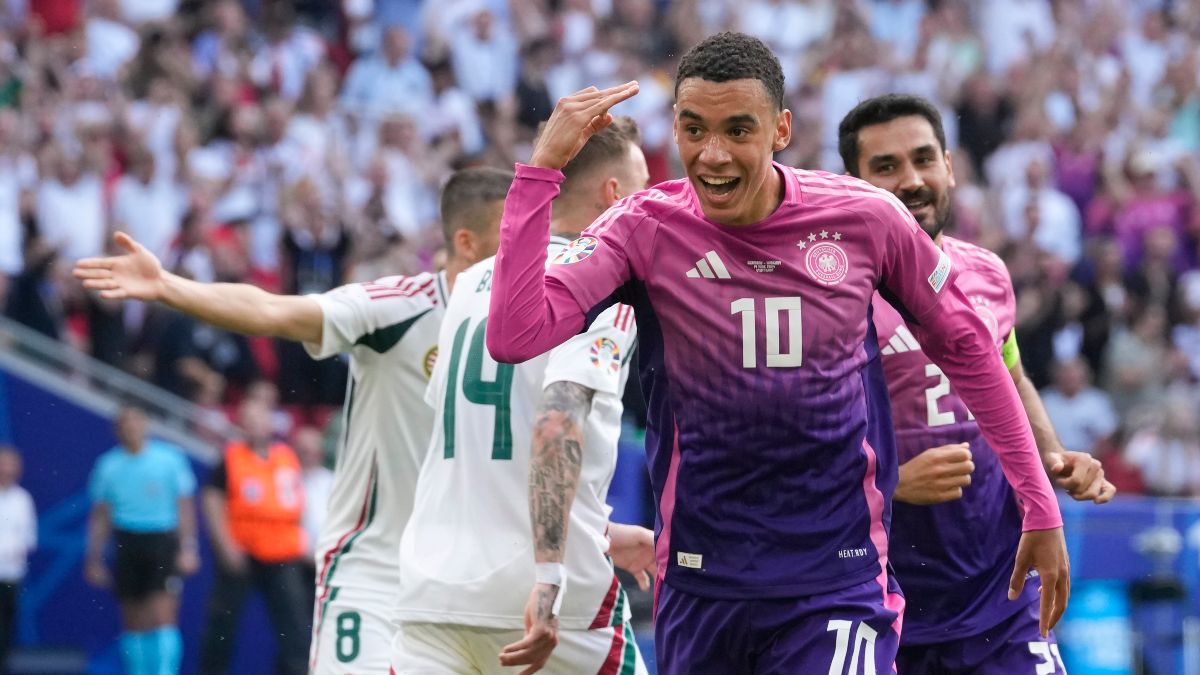 Germany's Jamal Musiala celebrates after scoring his team's opening goal against Hungary in their Euro 2024 Group A match in Stuttgart. AP Germany's Jamal Musiala celebrates after scoring his team's opening goal against Hungary in their Euro 2024 Group A match in Stuttgart. AP
