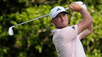 Ludvig Aberg watches his tee shot on the 15th hole during the second round of the US Open golf tournament. AP