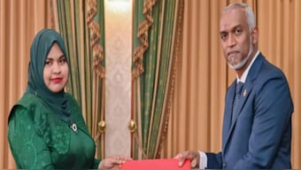 Fathimath Shamnaz Ali Saleem and Maldives President Mohamed Muizzu.