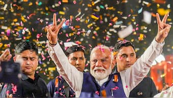 (File) Prime Minister Narendra Modi and BJP National President JP Nadda greet supporters upon their arrival for a meeting at the party headquarters as the party leads in the Lok Sabha elections amid the counting of votes, in New Delhi on 4 June, 2024. PTI