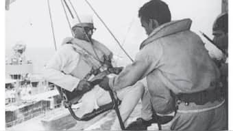 Former Prime Minister Morarji Desai crossing by jackstay on February 1979. Inage courtesy Indian Navy 