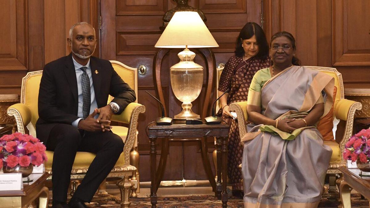 President Droupadi Murmu with President of Maldives Mohamed Muizzu during a meeting, at the Rashtrapati Bhavan, in New Delhi on June 10, 2024. PTI President Droupadi Murmu with President of Maldives Mohamed Muizzu during a meeting, at the Rashtrapati Bhavan, in New Delhi on June 10, 2024. PTI