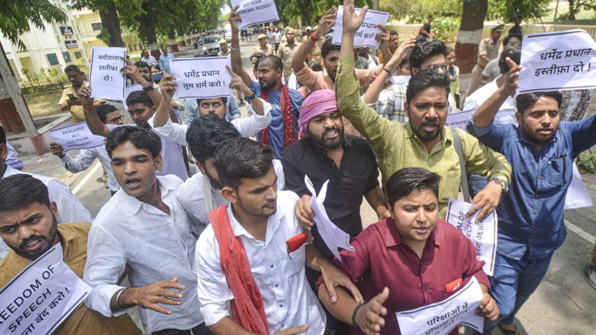 Students during a protest against the Central government over the cancellation of UGC-NET 2024 exam, outside Lucknow University, in Lucknow, on 20 June, 2024. PTI Students during a protest against the Central government over the cancellation of UGC-NET 2024 exam, outside Lucknow University, in Lucknow, on 20 June, 2024. PTI