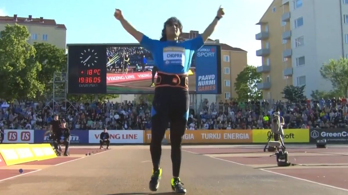 Neeraj Chopra celebrates his gold-winning throw at Paavo Nurmi Games 2024. Neeraj Chopra celebrates his gold-winning throw at Paavo Nurmi Games 2024.