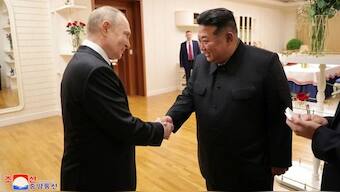 Russian President Vladimir Putin shakes hands with North Korean leader Kim Jong Un during his visit to Pyongyang, North Korea. Image: Reuters/KCNA