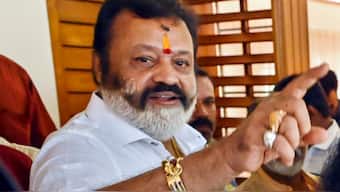 BJP candidate from Thrissur constituency Suresh Gopi celebrates as he leads in the Lok Sabha elections on the day of counting of votes, in Thiruvananthapuram, Tuesday, 4 June 2024. PTI