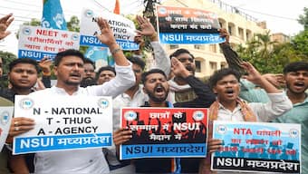 National Student Union of India (NSUI) members stage a protest against the National Testing Agency (NTA) over the alleged irregularities in the NEET-UG 2024 entrance exam results, in Bhopal, Saturday, 8 June 2024. PTI