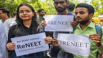 NSUI members stage a protest demanding re-examination of NEET-UG Entrance Exam 2024 over alleged irregularities in its results, at Jantar Mantar in New Delhi, Thursday, 13 June 2024. PTI 