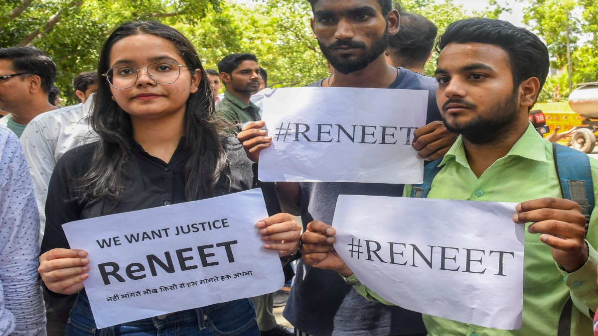 NSUI members stage a protest demanding re-examination of NEET-UG Entrance Exam 2024 over alleged irregularities in its results, at Jantar Mantar in New Delhi, Thursday, 13 June 2024. PTI NSUI members stage a protest demanding re-examination of NEET-UG Entrance Exam 2024 over alleged irregularities in its results, at Jantar Mantar in New Delhi, Thursday, 13 June 2024. PTI