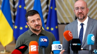 Ukraine's President Volodymyr Zelenskyy, left, and European Council President Charles Michel speak with the media as they arrive for an EU summit in Brussels, Thursday, June 27, 2024.- Photo- AP