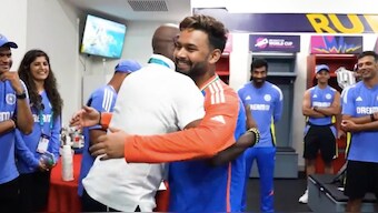 Rishabh Pant hugs West Indian batting legend Viv Richards in the dressing room following India's victory over Bangladesh in their T20 World Cup Super 8 clash in Antigua. Image credit: Screengrab of video posted on bcci.tv