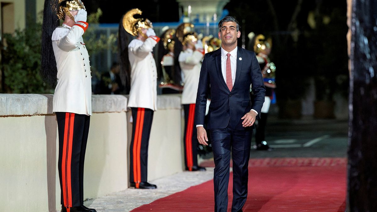 UK Prime Minister Rishi Sunak arrives to attend a dinner at Swabian Castle in Brindisi, Italy, 13 June, 2024. Italian Presidency via Reuters UK Prime Minister Rishi Sunak arrives to attend a dinner at Swabian Castle in Brindisi, Italy, 13 June, 2024. Italian Presidency via Reuters