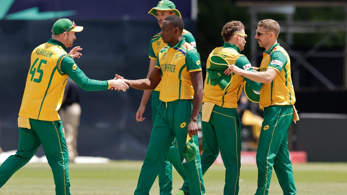 South Africa players greet each other after their win in the ICC Men's T20 World Cup cricket match against Bangladesh. AP South Africa players greet each other after their win in the ICC Men's T20 World Cup cricket match against Bangladesh. AP