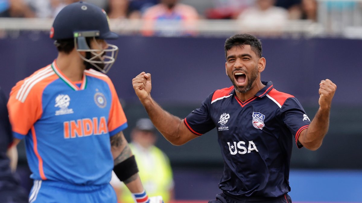 USA left-arm pacer Saurabh Netravalkar celebrates after dismissing Indian batting superstar Virat Kohli. AP USA left-arm pacer Saurabh Netravalkar celebrates after dismissing Indian batting superstar Virat Kohli. AP