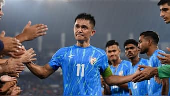 A tarful Sunil Chhetri reacts as he is given a guard of honour by his India teammates after his farwell match in Kolkata on Thursday. Image: X /@IndianFootball 