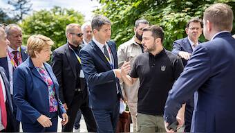Swiss Federal Councillor Ignazio Cassis, Swiss Federal President Viola Amherd, and Ambassador Gabriel Luechinger, talk to Ukrainian President Volodymyr Zelenskiy, during the Summit on Peace in Ukraine, in Stansstad, Switzerland, on 16 June, 2024. Reuters