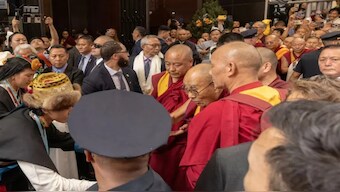 The Dalai Lama, the exiled spiritual leader of Tibetan Buddhism, was in New York ahead of medical treatment for his knees and was greeted by hundreds of cheering and chanting supporters, June, 2024. Source: AP