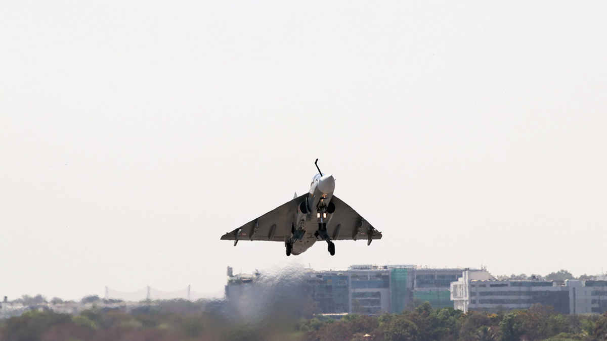(File) The first aircraft LA5033 of the Tejas Mk1A Aircraft series after taking off from HAL facility in Bengaluru in March 2024. PTI (File) The first aircraft LA5033 of the Tejas Mk1A Aircraft series after taking off from HAL facility in Bengaluru in March 2024. PTI