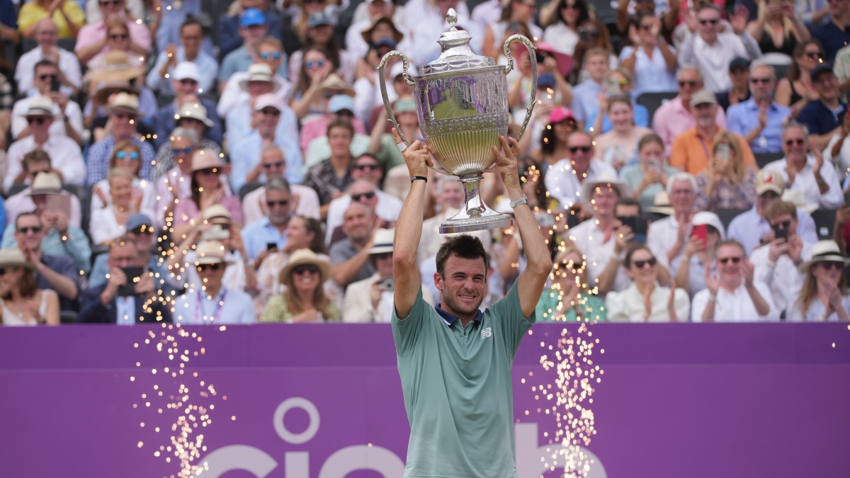Tommy Paul celebrates after beating Lorenzo Musetti to win the Queen's Club tennis tournament in London. AP Tommy Paul celebrates after beating Lorenzo Musetti to win the Queen's Club tennis tournament in London. AP