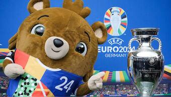 UEFA Euro 2024 all you need to know: Tournament mascot 'Albaert' poses with the 'EURO 2024' trophy at the Olympic Stadium in Berlin. AP