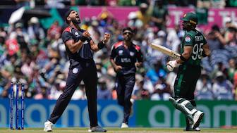 USA's Jessy Singh (L) celebrates the dismissal of Pakistan captain Babar Azam during their T20 World Cup match in Dallas, Texas. AP