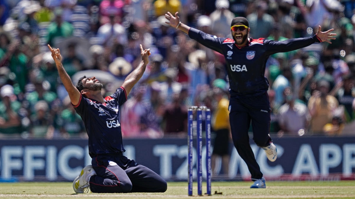 USA's Saurabh Netravalkar (L) celebrates after their win against Pakistan in the T20 World Cup at Dallas, Texas. AP USA's Saurabh Netravalkar (L) celebrates after their win against Pakistan in the T20 World Cup at Dallas, Texas. AP