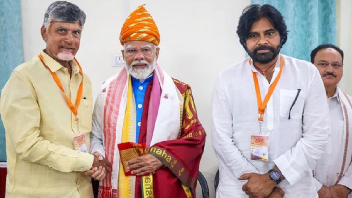 Prime Minister Narendra Modi with TDP President N Chandrababu Naidu and Jana Sena Party president K Pawan Kalyan (PK) in Varanasi. PTI Prime Minister Narendra Modi with TDP President N Chandrababu Naidu and Jana Sena Party president K Pawan Kalyan (PK) in Varanasi. PTI