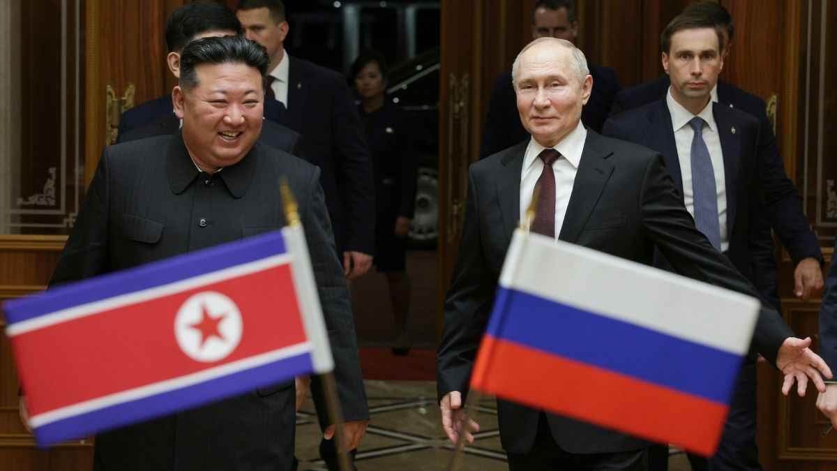Russian President Vladimir Putin, right, and North Korea's leader Kim Jong Un smile during their meeting at the Pyongyang Sunan International Airport outside Pyongyang, North Korea on 19 June 2024. AP Russian President Vladimir Putin, right, and North Korea's leader Kim Jong Un smile during their meeting at the Pyongyang Sunan International Airport outside Pyongyang, North Korea on 19 June 2024. AP
