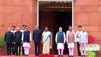 President Droupadi Murmu with Vice President Jagdeep Dhankhar, Prime Minister Narendra Modi, Lok Sabha Speaker Om Birla and Union Minister Kiren Rijiju at the Parliament House complex before her address to the joint sitting of the Lok Sabha and Rajya Sabha, in New Delhi on June 27. PTI 