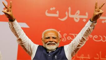 Prime Minister Narendra Modi gestures, at the Bharatiya Janata Party (BJP) headquarters in New Delhi, India. Reuters