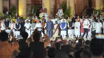 President Droupadi Murmu and Vice President Jagdeep Dhankhar with Prime Minister Narendra Modi and other ministers at the swearing-in ceremony of new Union government, at Rashtrapati Bhavan in New Delhi. PTI